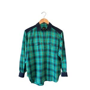 Vtg 90s LIZ SPORT Navy Green Plaid & Corduroy Cotton Button Front Shirt Medium